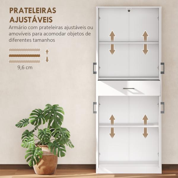 Armário de Cozinha com 4 Portas 1 Gaveta e Prateleiras Ajustáveis Anti - Tombo Armário de Cozinha Moderno 70,8x34x180 cm Branco