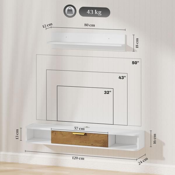 Móvel de TV Sala de Estar com Prateleira de Parede Armário Orifícios para Cabos para Televisão de Parede 120x24x16 cm Branco