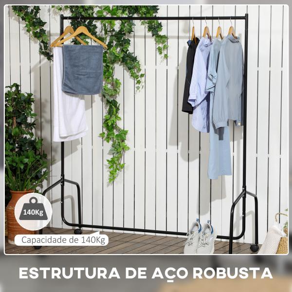 Charriot com Rodas 150x60x170 cm Organizador de Roupas com Rodas para Dormitório Entrada Corredor Preto