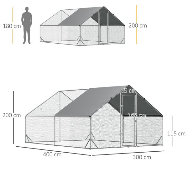 Galinheiro de Exterior Grande 3x4x2m Gaiola para 8 - 12 Galinhas de Aço Galvanizado com Teto de PE e Fechadura para Coelhos Prata