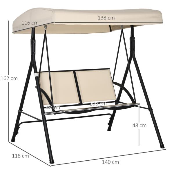 Baloiço de Jardim Exterior de 2 Lugares com Toldo Ajustável e Estrutura em Aço Assentos Textilene 140x118x162 cm Bege