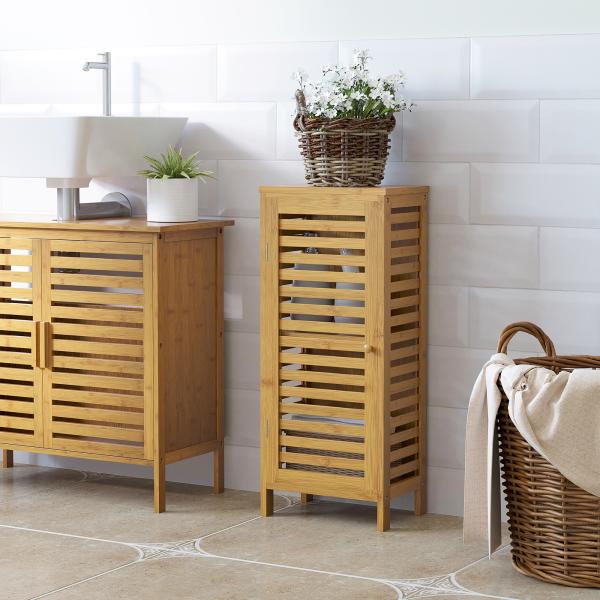 Armário Auxiliar Casa de Banho de Bambu Armário Casa de Banho com Prateleiras Ajustáveis Anti - Tombo 30x19,9x70 cm Madeira