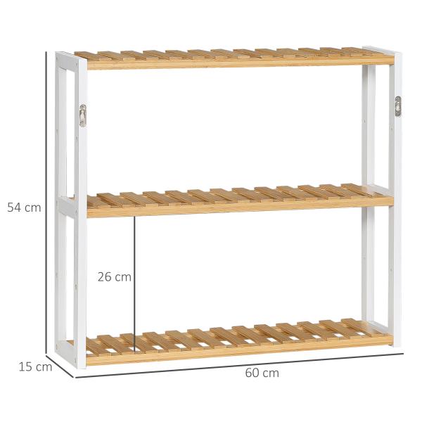Estante de Parede de Bambu de 3 Níveis Estante Suspensa para Sala de Estar Dormitório Cozinha 60x15x54cm Madeira e Branco