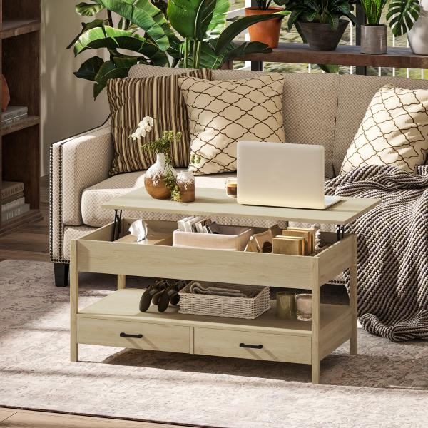 Mesa de Centro com Bancada Elevável Espaço Oculto de Armazenamento Gavetas e Prateleira Aberta 100x50x48 - 62 cm Carvalho