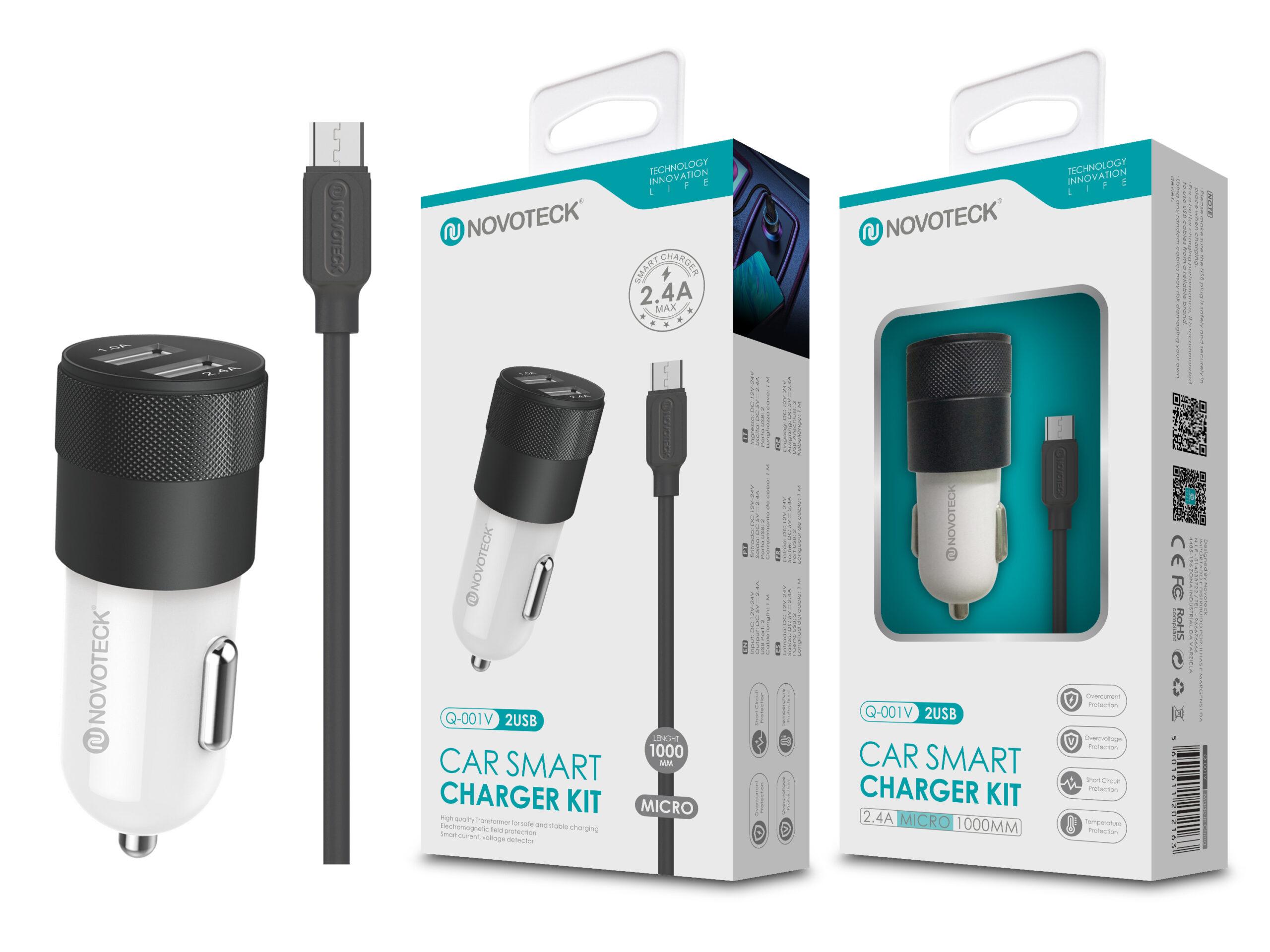 Kit Carregador Automóvel 2.4A 2 USB Negro com Cabo Micro USB Q - 001V