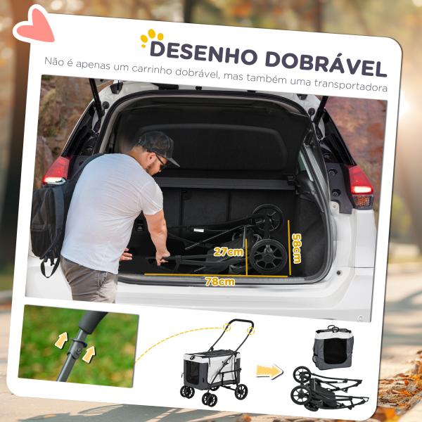 Carrinho para Animais de Estimação Carrinho para Cães Dobrável com Compartimento Desmontável 4 Portas 81x58x97,5 cm Cinza
