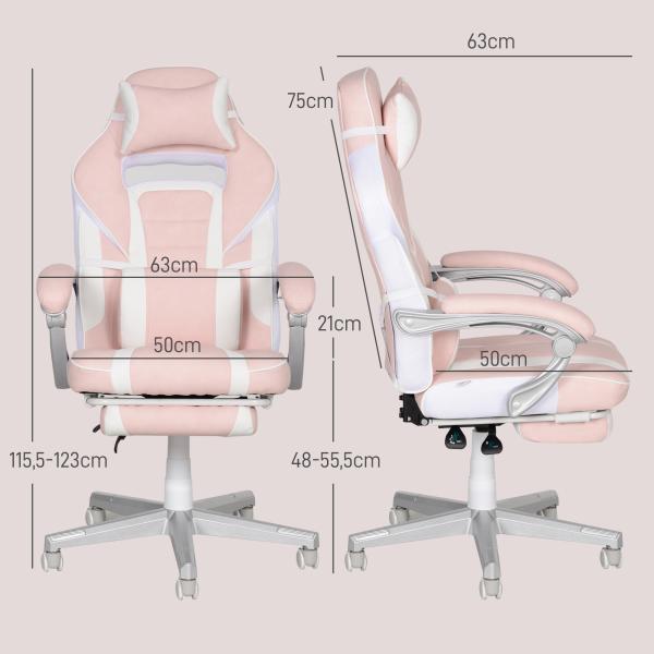 Cadeira Gaming Cadeira de Escritório Reclinável Apoio para os Pés Retrátil Suporte Lombar e Almofada para a Cabeça 63x63x115,5 - 123 cm Rosa