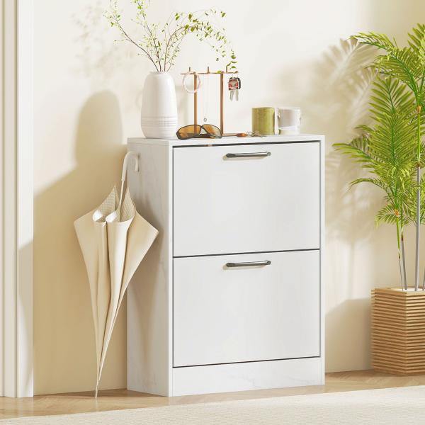 Sapateira Estreita 2 Portas de Alto Brilho com Prateleiras Ajustáveis Design Mármore para 8 Pares de Sapatos 60x24x80 cm Branco