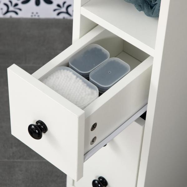 Armário de Casa de Banho Móvel Auxiliar para Espaço Reduzido com Rodas Prateleiras Abertas Armário e Gaveta 18x30x68,5cm Branco