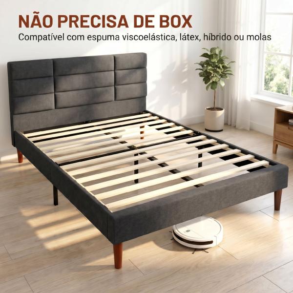 Cama Estofada 140x200 cm com Cabeceira Almofadada, Estrado de Ripas e Espaço Livre Inferior, Cinzento