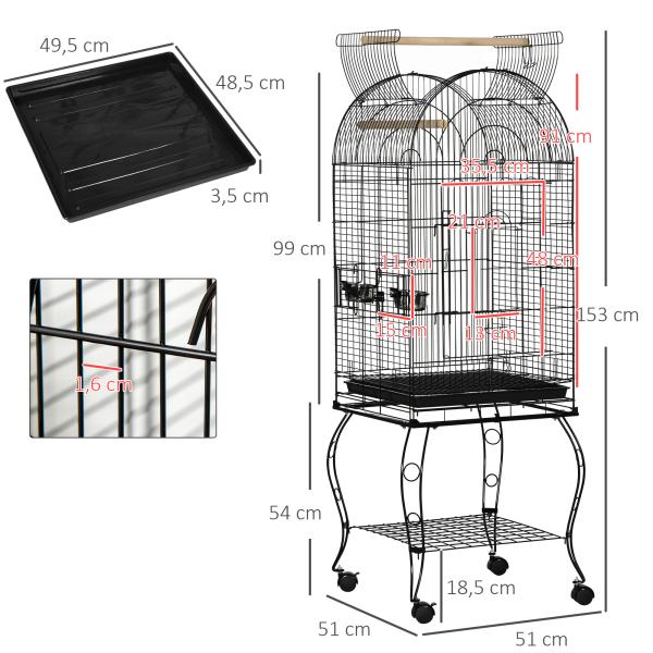 Gaiola para Pássaros com Suporte e Rodas Bandeja Amovível e 2 Tigelas 51x51x153 cm Preto