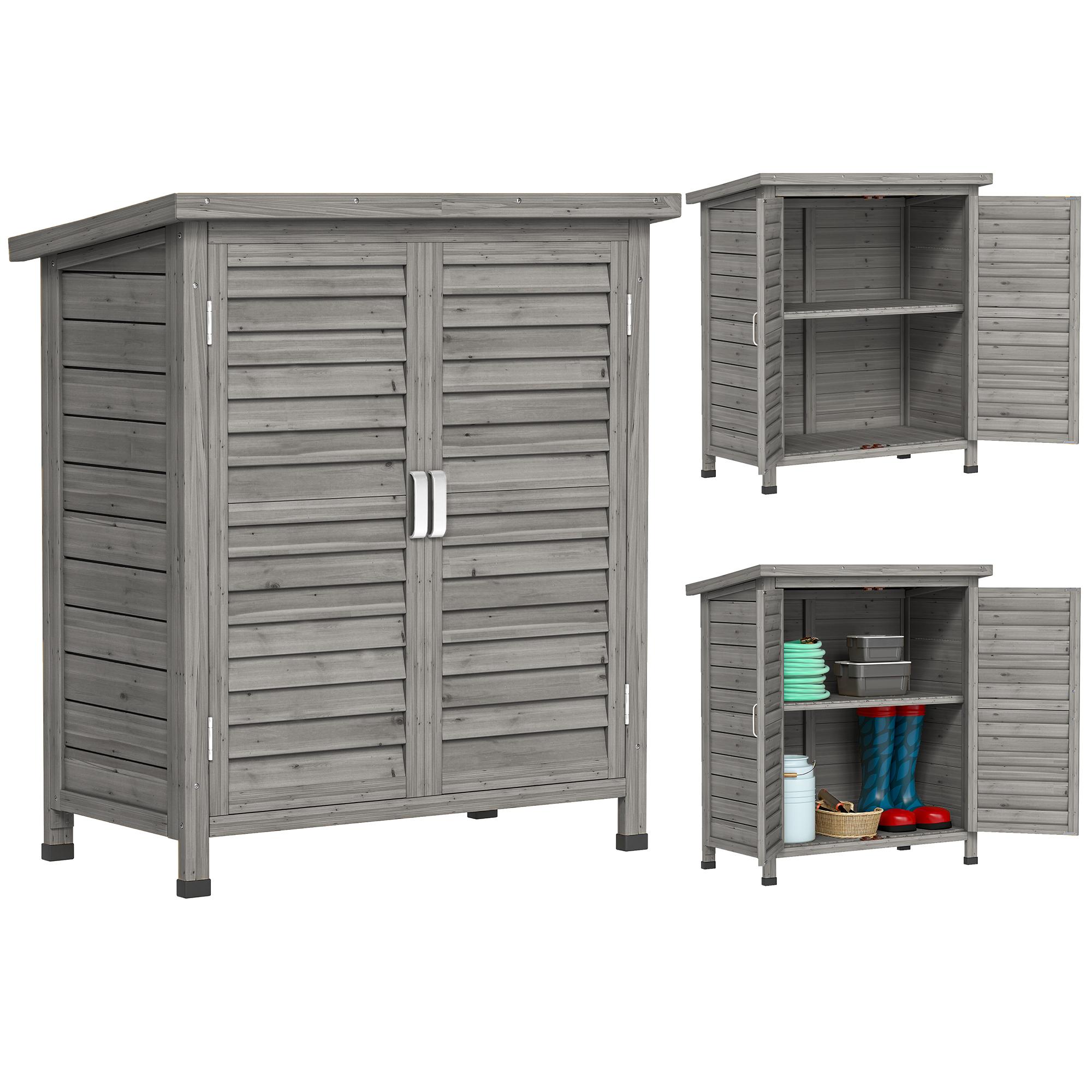 Armário de Armazenamento de Madeira para Jardim com 2 Prateleiras Interiores 2 Portas e Teto Inclinado para Exterior Terraço 87x46,5x96,5cm Cinza