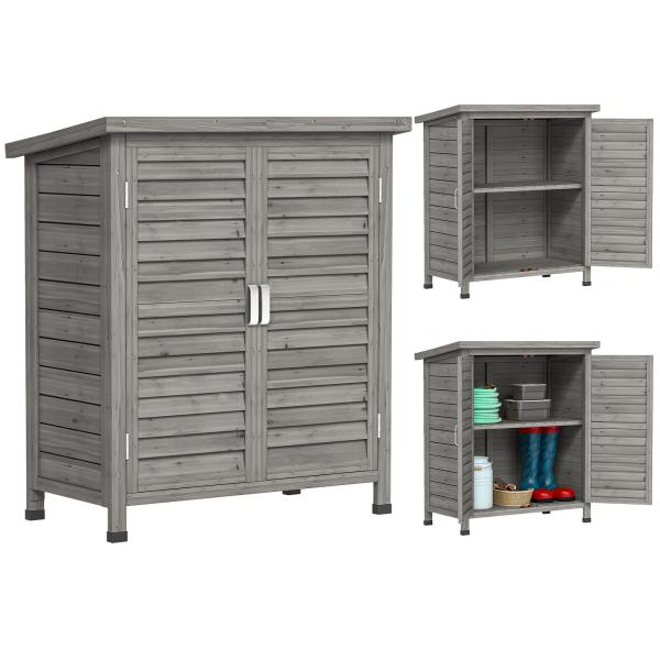 Armário de Armazenamento de Madeira para Jardim com 2 Prateleiras Interiores 2 Portas e Teto Inclinado para Exterior Terraço 87x46,5x96,5cm Cinza