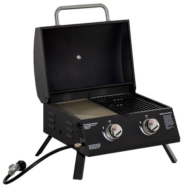 Barbecue a Gás Dobrável com 2 Queimadores Churrasqueira à Gás Portátil com Termómetro para Campismo Piquenique ao Ar Livre Jardim 55x46,5x41cm Preto