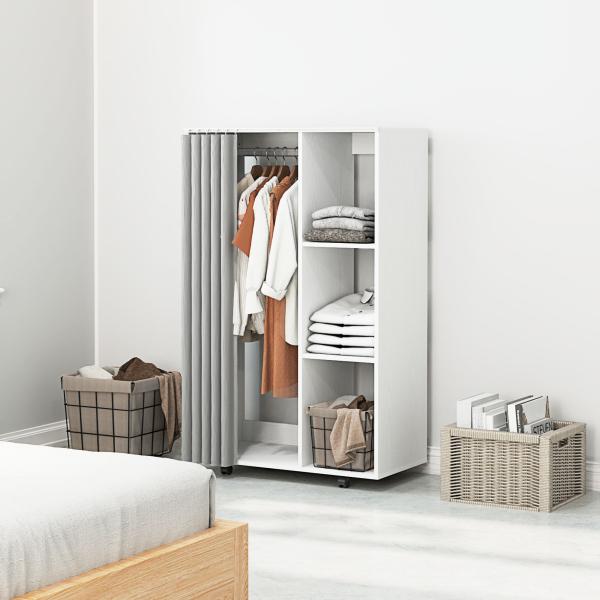 Roupeiro com Rodas, Cortina, Barra para Pendurar Roupa e 3 Prateleiras Abertas para Quarto, 80x40x128 cm, Branco