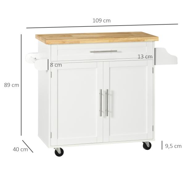Carrinho de Cozinha com Prateleira Interior Ajustável Gaveta Barra e Suporte para Temperos 109x40x89 cm Branco