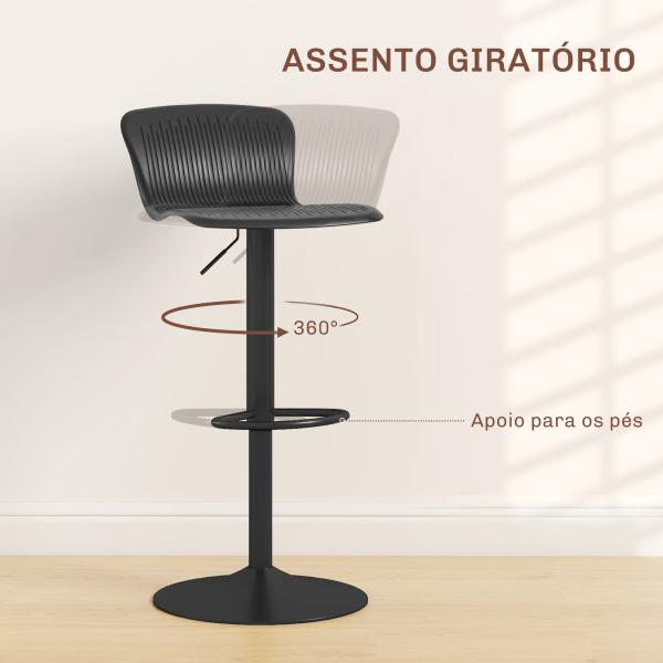 Conjunto de 2 Bancos Altos de Cozinha Giratória com Encosto e Altura Ajustável Carga 120 kg para Bar Sala de Estar Preto