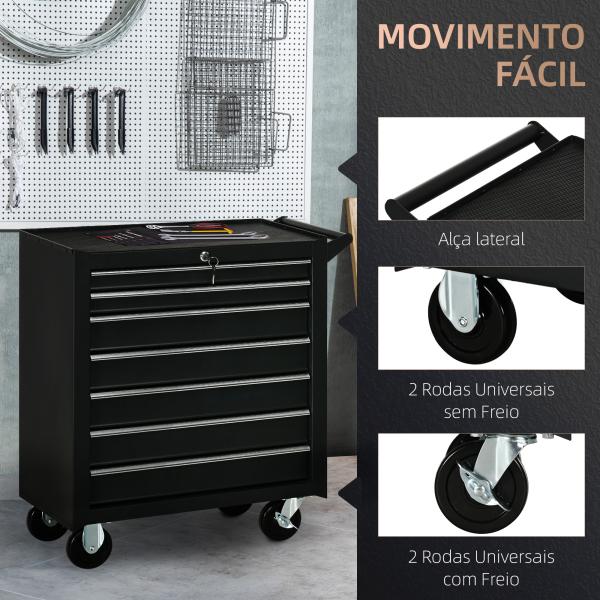 Carrinho de Ferramentas com 7 Gavetas Rodas Trava Armário de Armazenamento para Oficina de Garagem e Chapa de Aço 69x33x75 cm Preto