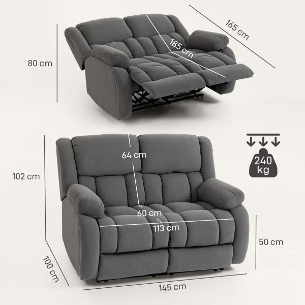 Sofá Reclinável Manual de 2 Lugares Ajuste Separado Revestimento em Veludo Apoio para os Pés Ajustável 145x100x102 cm Cinzento
