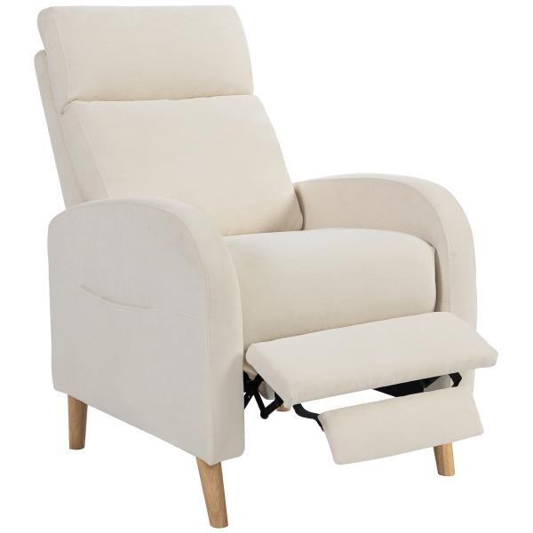 Poltrona Relax Reclinável Manual Estofada em Linho Sintético com Apoio para os Pés e Bolso Lateral 68x90x106 cm Creme