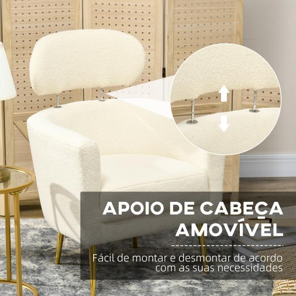 Poltrona Sala de Estar Individual em Borrego com Apoio para a Cabeça e Pés de Metal 71x65x90 cm Creme