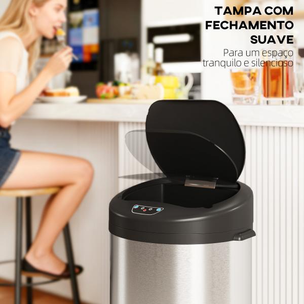 Balde de Lixo de Cozinha Automático 55 L em Aço Inoxidável com Sensor Infravermelho Fechamento Suave 32x30x78,5 cm Prateado