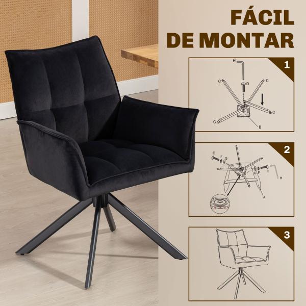 Conjunto de 2 Cadeiras de Refeição Giratórias 360° Estofado Estofamento em Veludo Pés em Aço 63x64x85 cm Preto