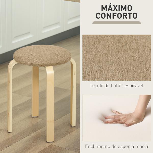 Conjunto de 4 Bancos Empilháveis Redondos Bancos Baixos de Cozinha com Assento Acolchoado Ø40x45 cm Caqui e Madeira