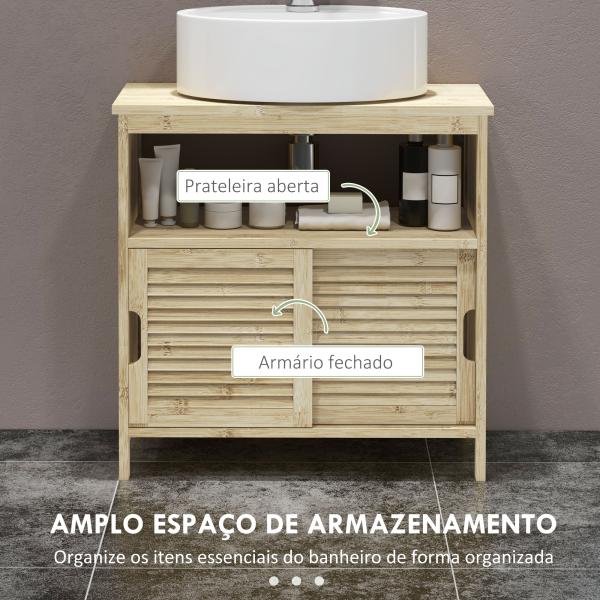 Móvel para Lavatório Pousar em Bambu com Portas Deslizantes de Ripas Compartimento Aberto 60x30x60 cm Madeira