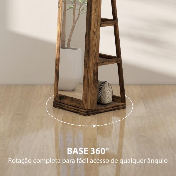 Joalheiro de Pé Armário para Jóias 360° com Fechadura e Espelho Incorporado Carga Máxima 20 kg 38x38x160 cm Marrom Rústico