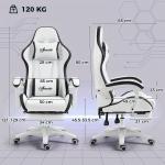 Cadeira Gaming de Couro PU com Altura Ajustável Reclinável 135° e Apoio para os Pés Retrátil 65x65x121 - 129 cm Branco e Preto