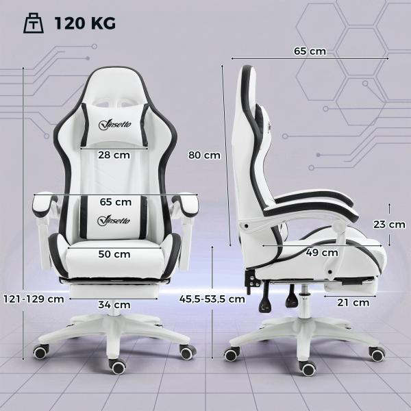 Cadeira Gaming de Couro PU com Altura Ajustável Reclinável 135° e Apoio para os Pés Retrátil 65x65x121 - 129 cm Branco e Preto