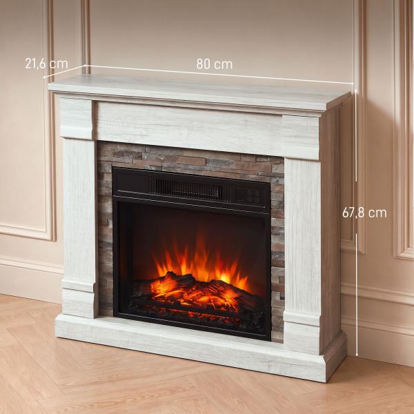 Lareira Elétrica Decorativa 1800 W com Efeito de Chama de 3 Níveis Termóstato Temporizador e Comando Madeira Natural