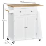 Carrinho de Cozinha Auxiliar com Rodas Carrinho de Cozinha com 2 Gavetas Armário de Armazenamento Prateleira Interior Ajustável 3 Suportes para Temperos e Barra de Pendurar 89x45x89,5cm Branco