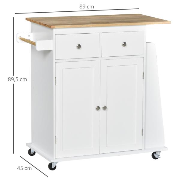 Carrinho de Cozinha Auxiliar com Rodas Carrinho de Cozinha com 2 Gavetas Armário de Armazenamento Prateleira Interior Ajustável 3 Suportes para Temperos e Barra de Pendurar 89x45x89,5cm Branco
