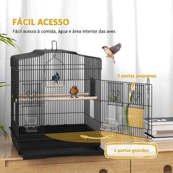 Gaiola para Pássaros 46,5x36x59 cm Gaiola de Metal para Pássaros com 2 Comedouros 2 Poleiros Baloiço Bandeja Amovível Preto