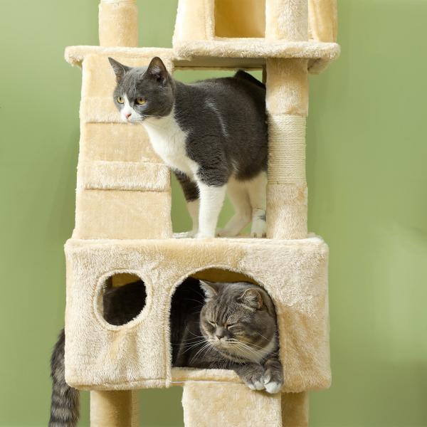 Árvore Arranhador para Gatos Grande 49x49x173 cm com Múltiplos Níveis Cavernas Brinquedos Suspensos Centro de Atividades de Sisal Bege