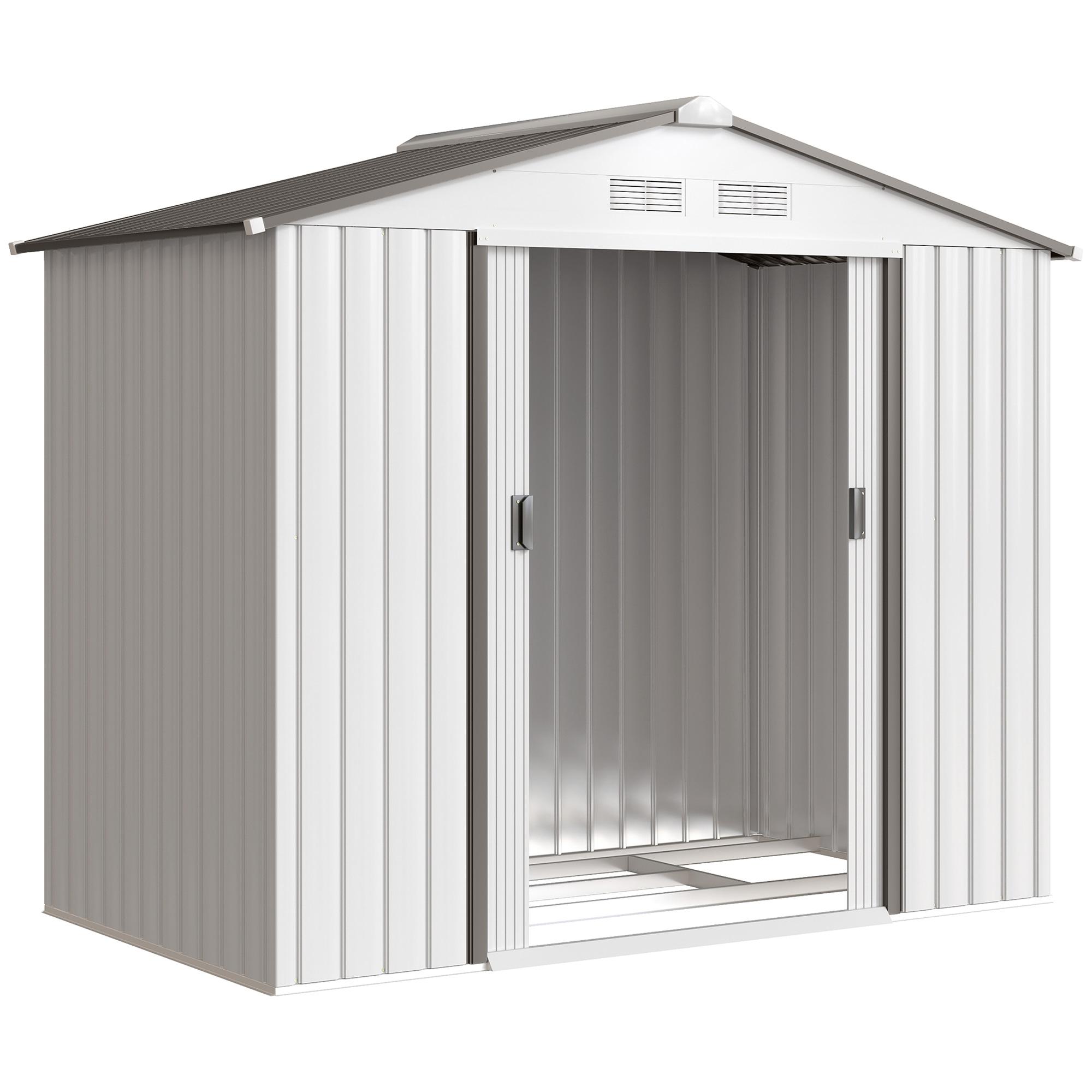 Abrigo de Jardim 213x130x185cm Abrigo de Jardim Metálico de Exterior com 2 Portas Deslizantes e 4 Janelas Branco e Cinza