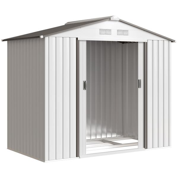 Abrigo de Jardim 213x130x185cm Abrigo de Jardim Metálico de Exterior com 2 Portas Deslizantes e 4 Janelas Branco e Cinza
