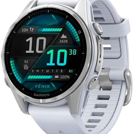 Smartwatch Fenix 8 43mm Amoled Prateado c/ Bracelete Branco Pedra em Silicone - GARMIN