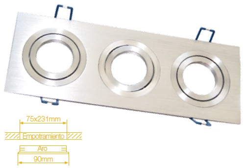 Aro Triplo Quadrado Ajustável em Aluminio p/ Lampadas MR16-GU10