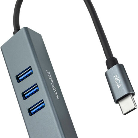 Conversor USB-C Macho - 3x USB 3.0 Fêmea / 1x RJ45 Fêmea (Cinzento) - Nanocable