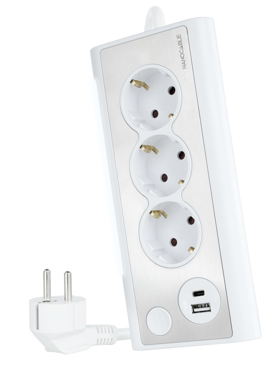 Extensão Elétrica 3 Tomadas c/ 2x USB (1x USB-C + 1x USB-A) + LED (Branco) - NANOCABLE
