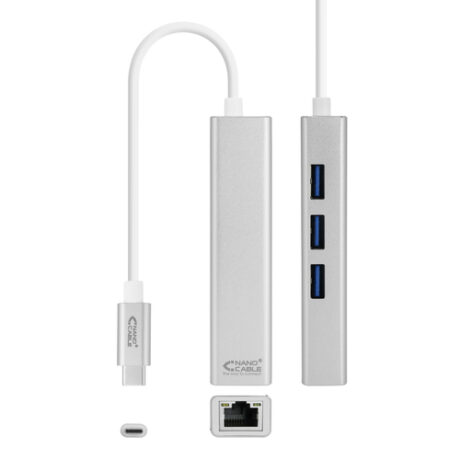 Conversor USB C Macho - 3x USB A / Ethernet Fêmea (15cm) - Nanocable