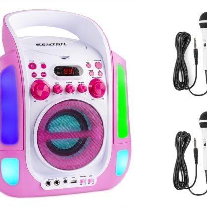 Coluna Karaoke Bluetooth + USB + Leitor CD + 2 Microfones c/ Efeitos de LED´s (Rosa) - FENTON SBS30P