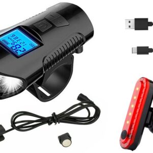 Luzes LED Dianteira-Traseira p/ Bicicleta c/ Conta Kms + Buzina