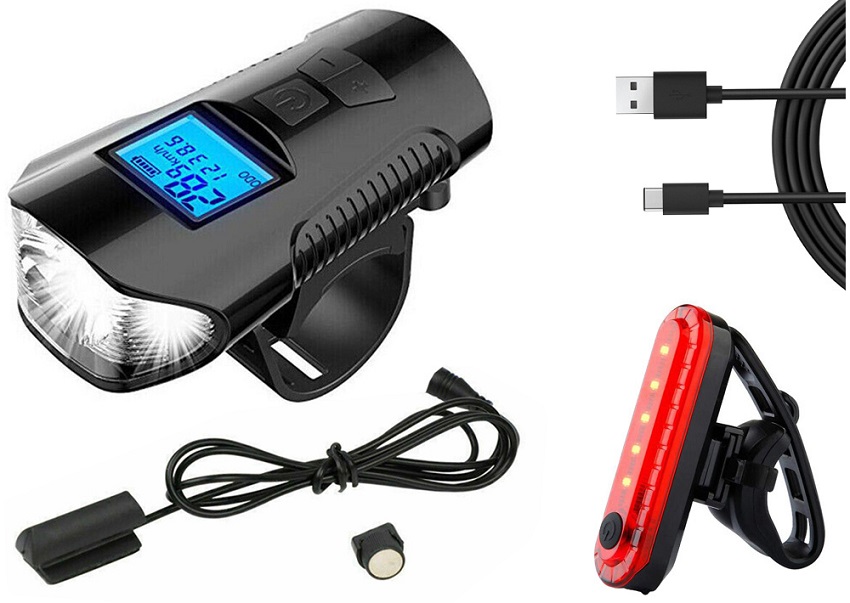Luzes LED Dianteira-Traseira p/ Bicicleta c/ Conta Kms + Buzina