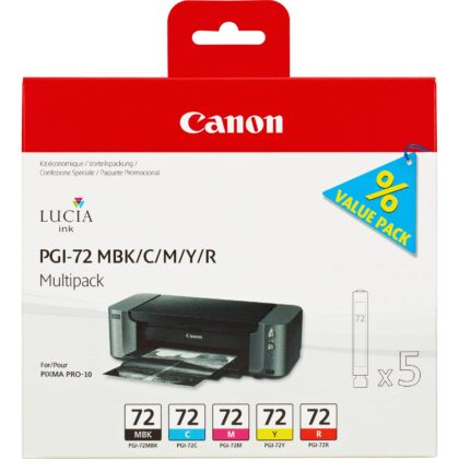 Tinteiro Original Canon PGI72 Pack de 5 Cores - Preto Mate Azul Magenta Amarelo Vermelho 6402B009