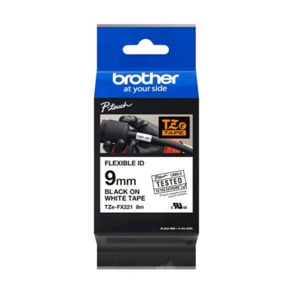 Fita Original Brother TZeFX221 Laminada Flexível Texto Preto em Fundo Branco 9mm x 8 metros
