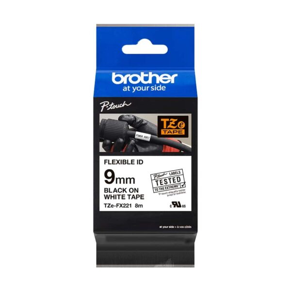 Fita Original Brother TZeFX221 Laminada Flexível Texto Preto em Fundo Branco 9mm x 8 metros